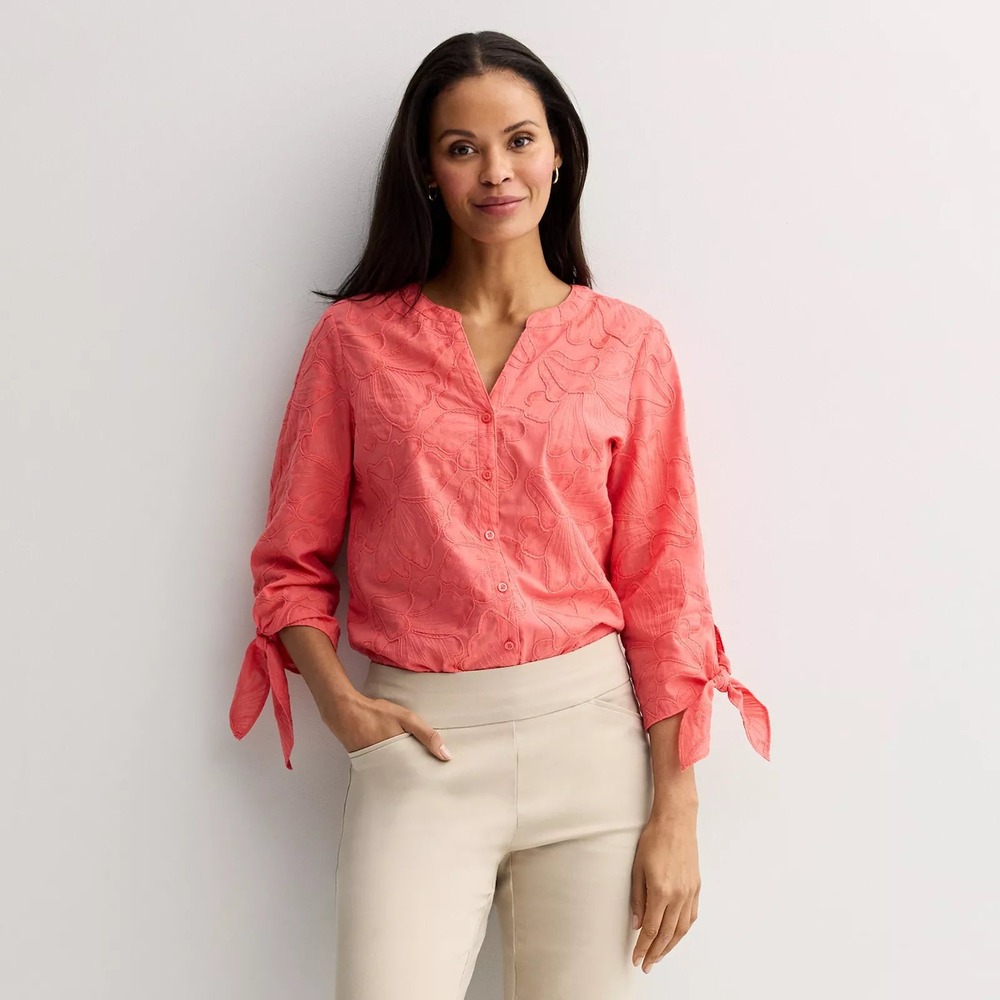 Women's Croft & Barrow Tie Sleeve Shirt Salmon Color Size XL